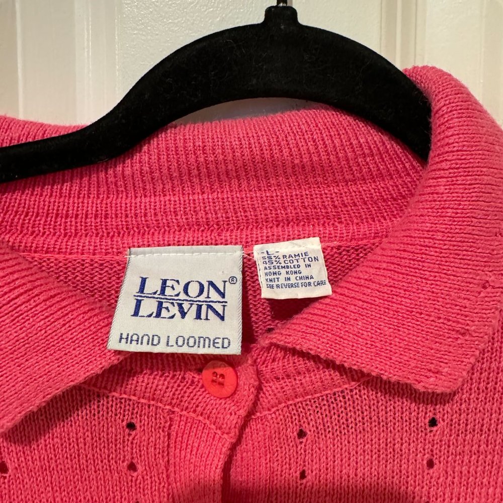 Vintage Leon Levin Hand Loomed Pink Button Up Granny Sweater - Size Large - Picture 2 of 6
